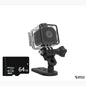 Black waterproof mini action camera in its protective case with a 64GB SD card, displayed against a clean white background