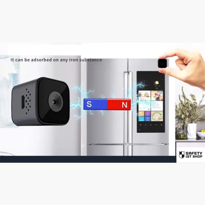 Mini waterproof camera magnetically attached to a silver refrigerator with lightning effect, held between fingers to show compact size and easy mounting on any iron surface