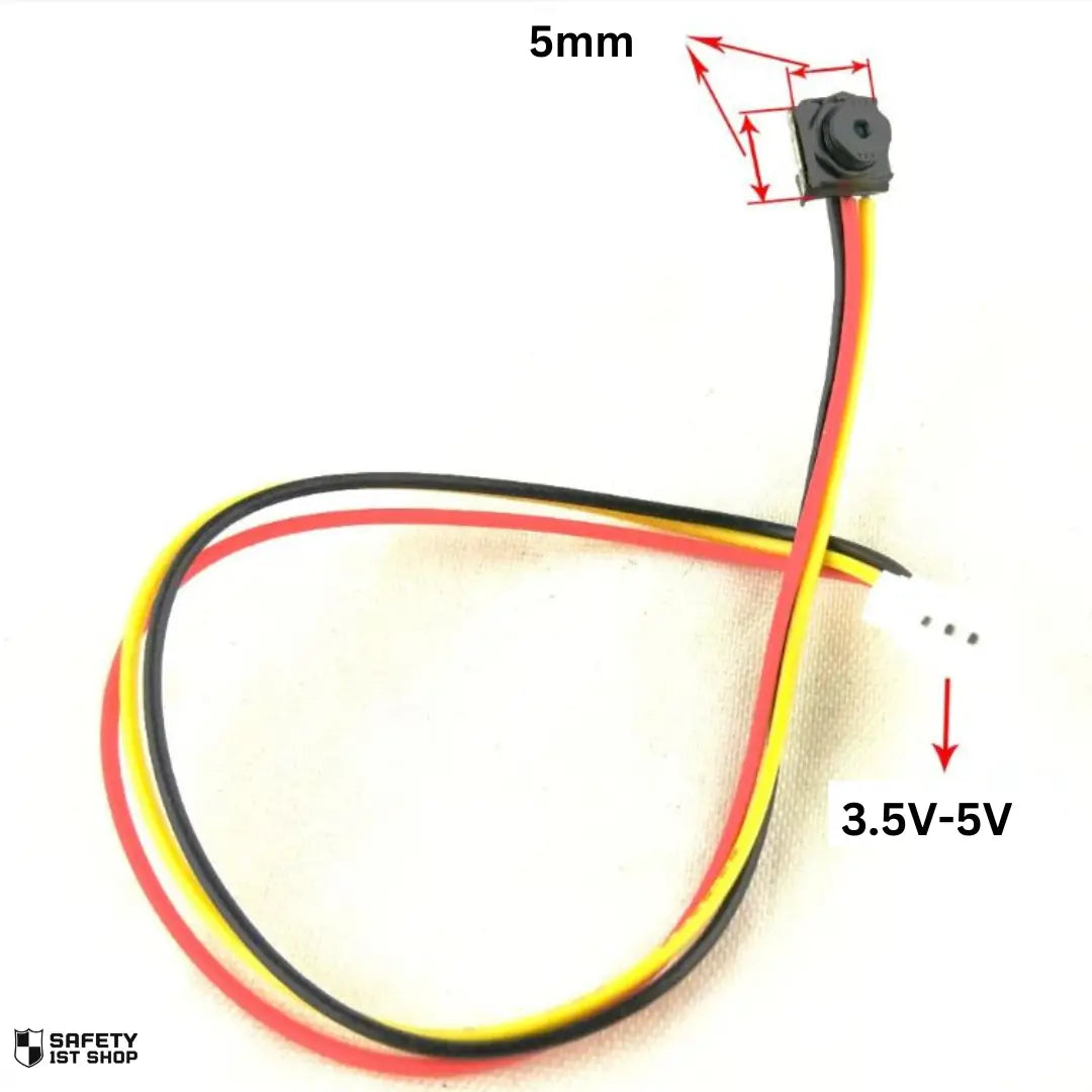 Close-up of mini surveillance camera with 3.5V–5V power input label and 5mm lens size on white background