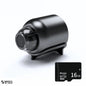 Glossy black mini surveillance camera centered on white background, accompanied by a 16GB black memory card in the bottom right corner.