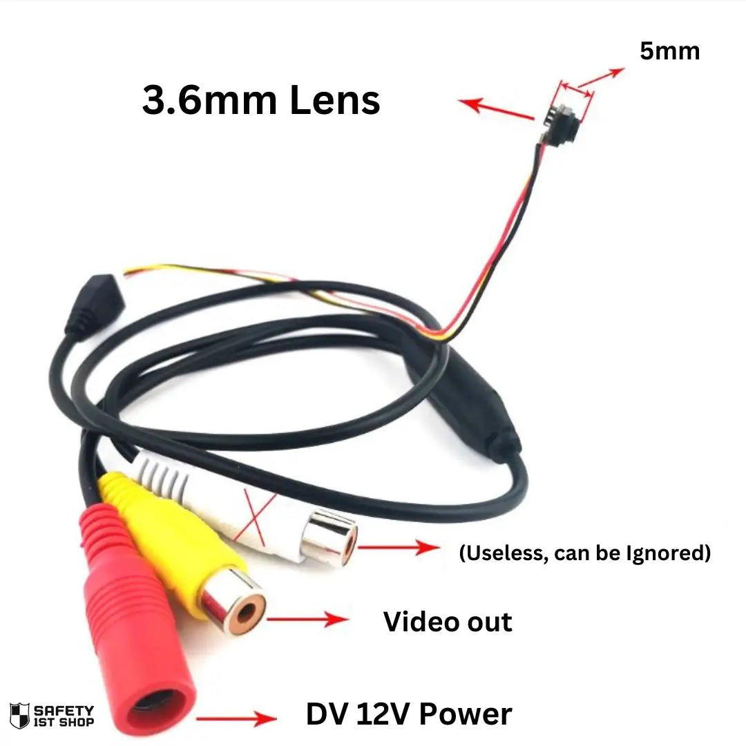 Mini surveillance camera product details shown with lens size, video out, and power input labels on white background