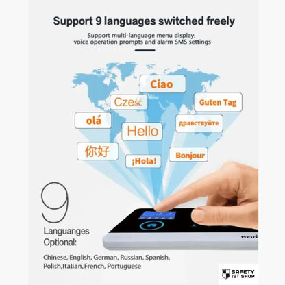 Smart home security system with multilingual support – featuring 9 switchable languages, voice prompts and SMS alerts, visualized with a world map background.