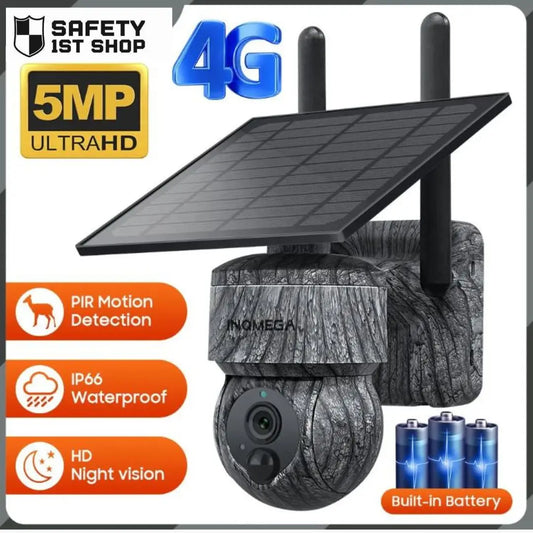 Camouflage outdoor surveillance camera with solar panel, 4G support, PIR motion detection, and HD night vision – shown on white background.