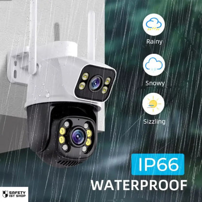 Outdoor surveillance camera with IP66 waterproof rating, shown in rain, snow, and hot weather, ideal for all weather conditions