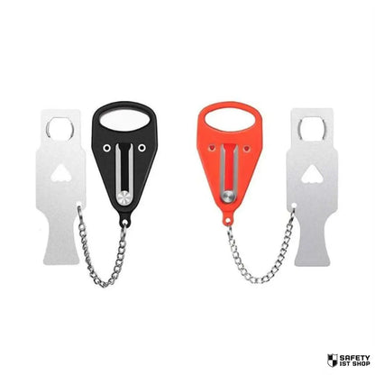 Floating red and black portable door locks showcased on a white background, emphasizing their modern design and strong visual contrast.
