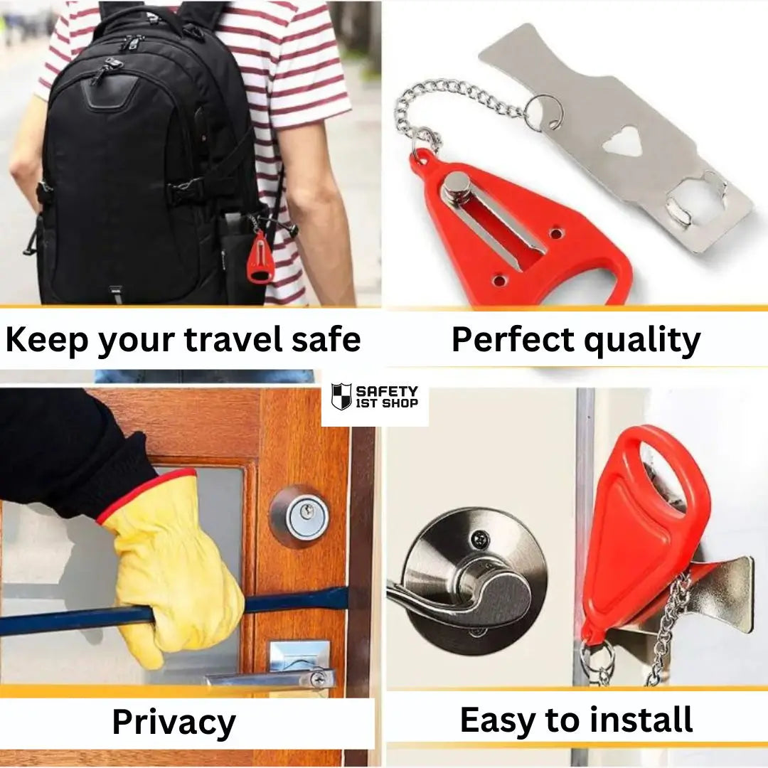 Four-panel image showing: 1. Red portable door lock attached to a black backpack with the phrase keep your travel safe. 2. Product on a white background with perfect quality label. 3. Gloved hand trying to pry open a door with the word privacy. 4. Close-up of the lock installed on a white door labeled easy to install.