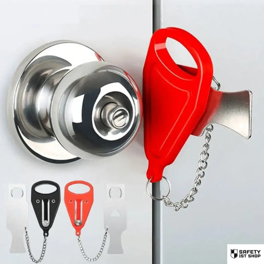 Close-up of a red portable door lock installed on a white door with a silver knob, showcasing stylish home security. Black variant shown in corner for color options.