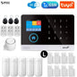 High-capacity smart security system with five PIR motion detectors, eight door sensors, three remote controllers, and three RFID tags – built for full-scale home or business protection with WiFi, GSM, and Tuya support.