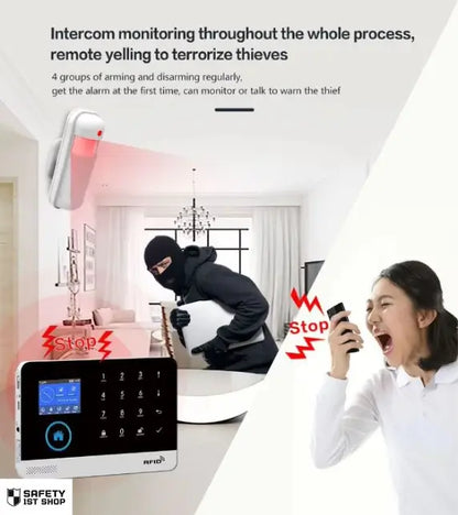 Smart security system with PIR detector activating during a break-in, sending instant alarm notification to the user’s phone – allowing real-time intercom communication to deter intruders.