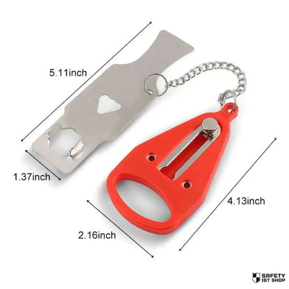 Side view of red portable door lock on white background with labeled dimensions showing length and width for accurate size reference.