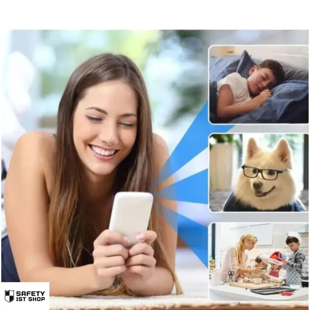 Woman smiling while holding a smartphone, symbolizing remote monitoring through a mini surveillance camera. Small frames show a sleeping child, a dog with glasses, and a family baking cookies, conveying warmth, humor, and everyday security.