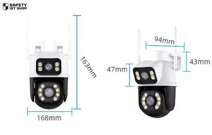 Detailed size illustration of smart home security camera with labeled height and width measurements, shown on a clean white background