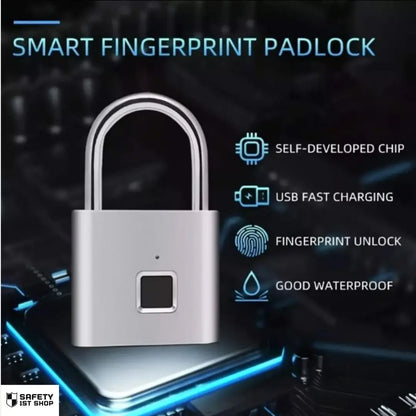 Silver biometric fingerprint padlock displayed on a glowing tech background, highlighting smart chip, USB fast charging, fingerprint unlock and waterproof design