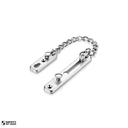 Sleek silver stainless steel chain lock for door security, displayed on a minimalist white background