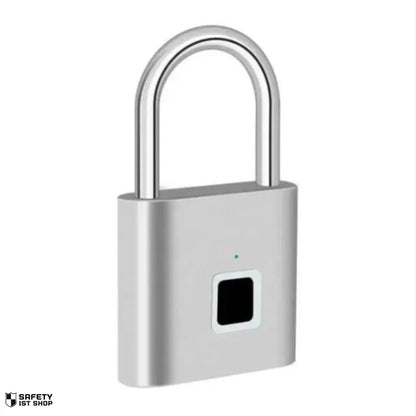 Stylish front view of the silver fingerprint padlock on white background – presented in an elegant, minimalistic aesthetic