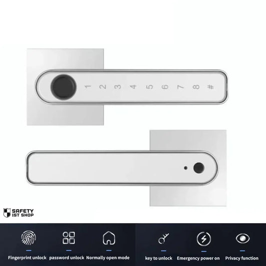Silver smart door lock displayed with fingerprint, password, key, and app access icons