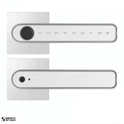 Silver smart lock front view on white background
