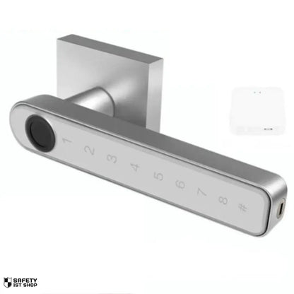Silver Tuya hub smart lock with included accessory on white background