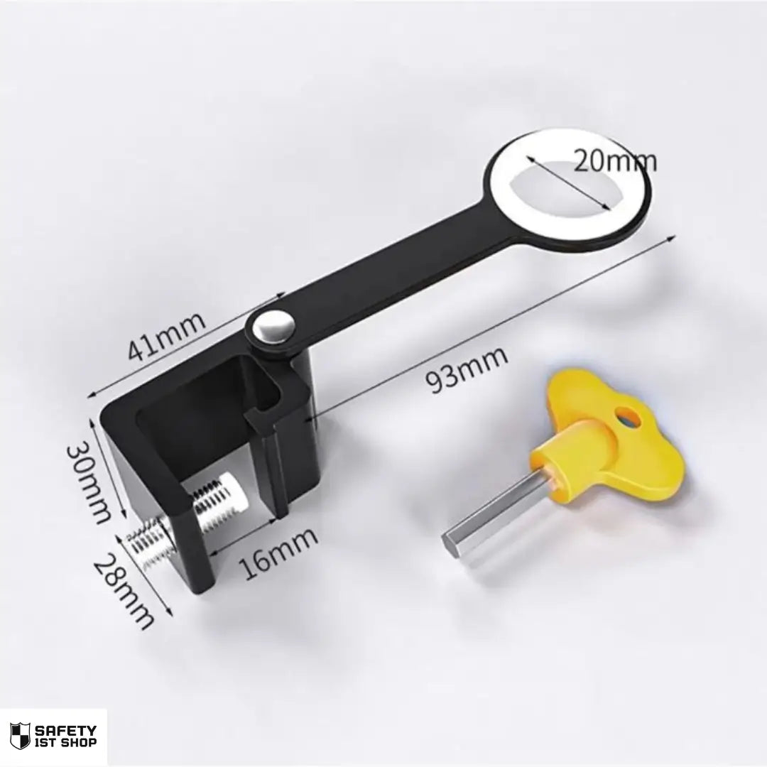 Compact window security latch with dimensions displayed on a clean white background, providing enhanced window protection