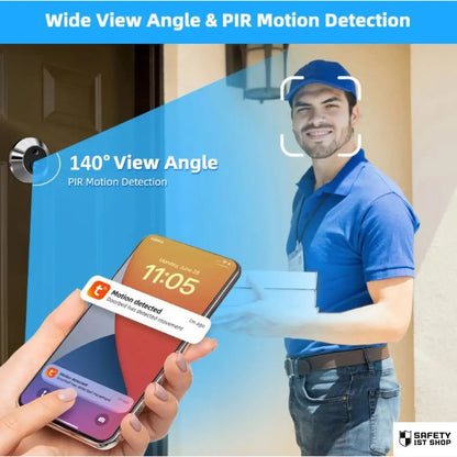 Delivery scenario showing smart peephole camera with 140° wide view and PIR motion detection, detecting a person at the door and sending alert to smartphone.