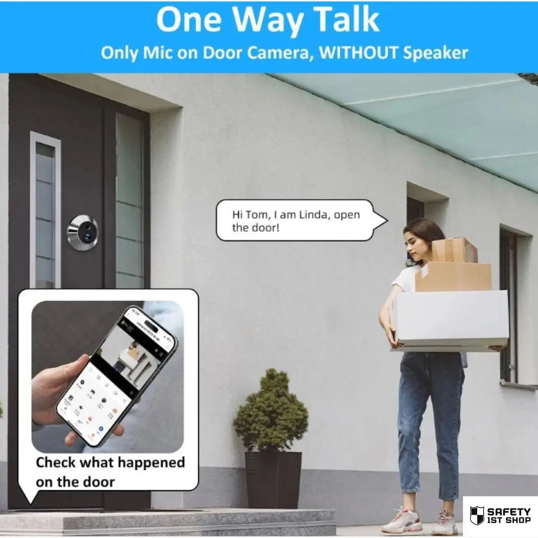 woman with luggage standing at luxurious front door while speaking through door camera mic using one-way talk function.