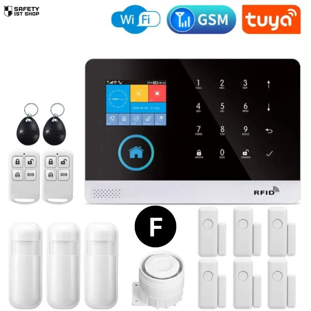 Complete smart home security bundle with six door sensors, three PIR detectors, a siren, two remote controllers, and two RFID tags – ideal for full perimeter protection with WiFi, GSM, and Tuya compatibility.
