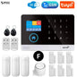 Complete smart home security bundle with six door sensors, three PIR detectors, a siren, two remote controllers, and two RFID tags – ideal for full perimeter protection with WiFi, GSM, and Tuya compatibility.
