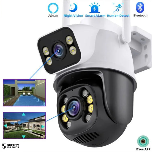 Smart surveillance camera with Bluetooth, night vision, human detection and Alexa integration, presented on white background