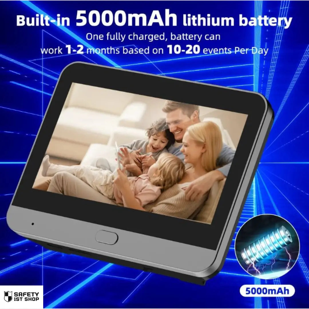 smart peephole camera with built-in 5000mah battery shown on digital matrix style background with happy family on screen.