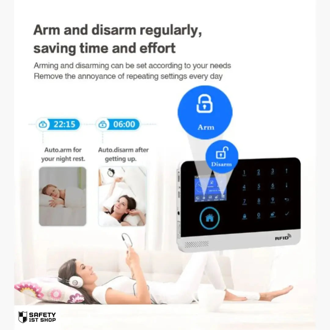 Visual explanation of automatic arm and disarm feature for a smart home security system – with customizable settings for daily routines like sleep and wake-up.
