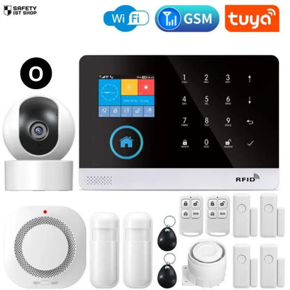Smart hybrid security kit featuring an IP camera, two PIR motion detectors, four door sensors, two RFID tags, two remote controllers and a siren – blending visual monitoring with alarm-based protection, compatible with WiFi, GSM, and Tuya systems.