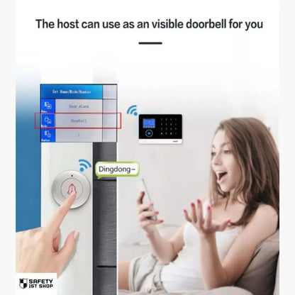 Smart home security system with customizable doorbell function – featuring a happy user reacting to a doorbell alert, showing personal control and convenience.