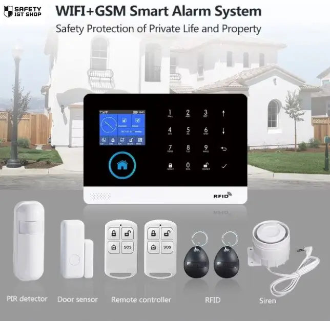 Overview of smart security system accessories including PIR sensor, door sensor, remote controller, RFID tag and siren – forming an expandable home protection network.