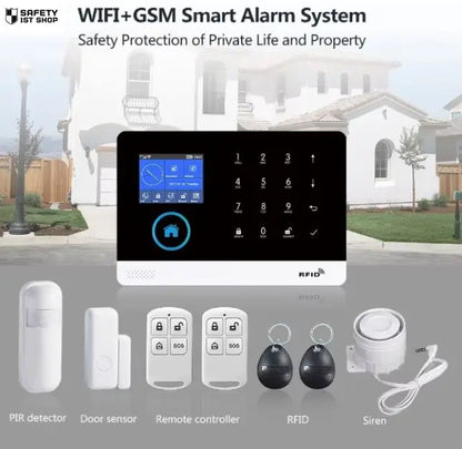 Overview of smart security system accessories including PIR sensor, door sensor, remote controller, RFID tag and siren – forming an expandable home protection network.