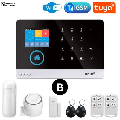 Complete smart home security system bundle with PIR detector, door sensor, siren, two remote controllers, and two RFID tags – featuring WiFi, GSM, and Tuya compatibility.