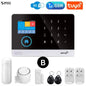 Complete smart home security system bundle with PIR detector, door sensor, siren, two remote controllers, and two RFID tags – featuring WiFi, GSM, and Tuya compatibility.