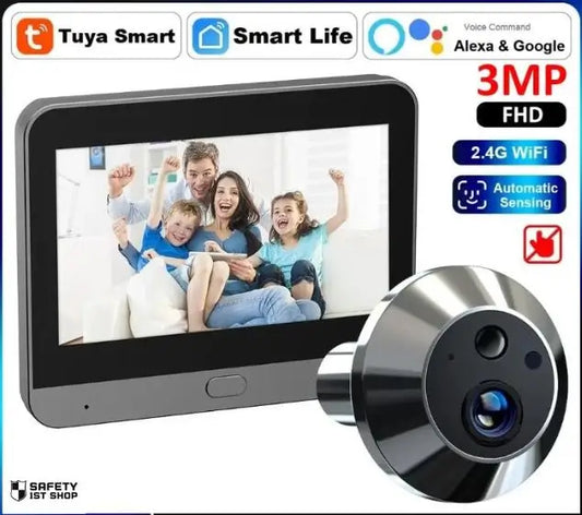 Smart wireless door viewer with 3MP FHD, Tuya Smart & Google Alexa integration, presented on white background with feature icons.