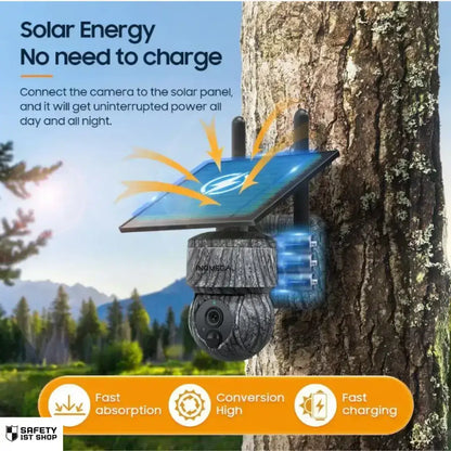 Solar-powered outdoor surveillance camera mounted on tree in forest, with blue energy icon showing fast solar charging and uninterrupted 24/7 power.