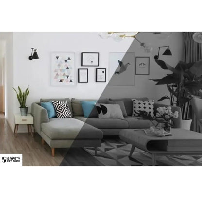 Split-view image of a stylish living room shown in both daytime and night vision mode, highlighting the camera’s ability to deliver clear footage in changing light. Elegant decor with plants, wall art, and modern furniture.