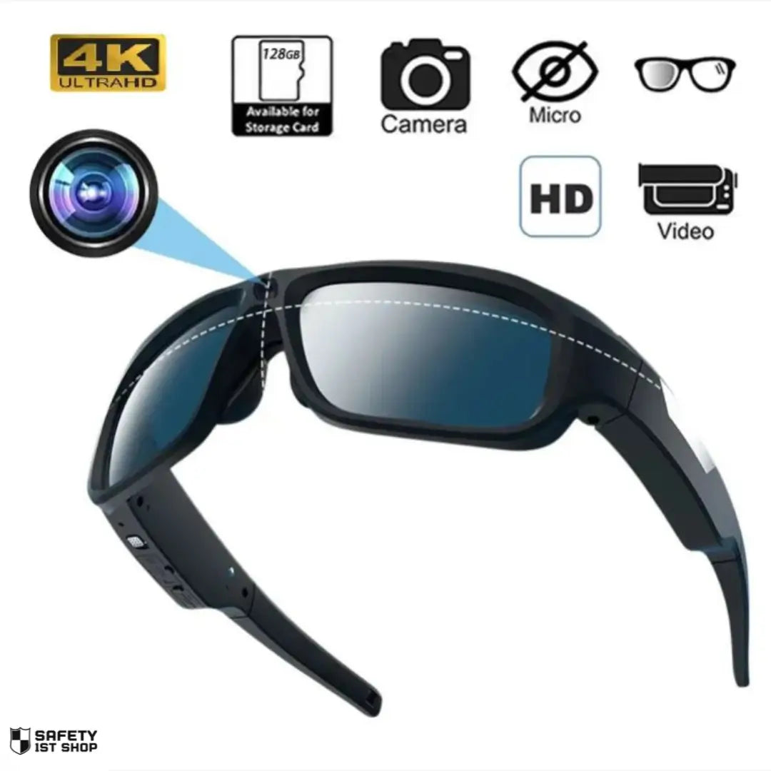 Black spy glasses with hidden camera lens and icons for 4K video, photo, HD, and microphone functions on white background