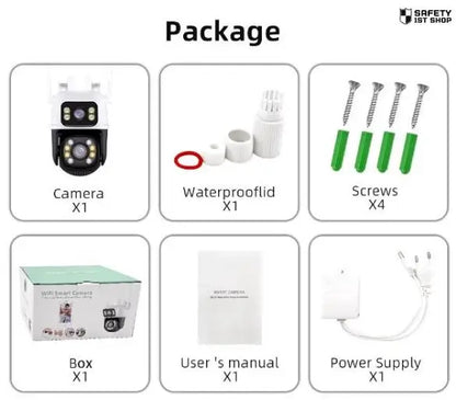Complete home security camera package with included mounting accessories, screws, and installation tools, clearly displayed on white background