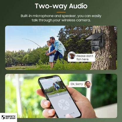 Father and son fishing near a tree with a mounted wildlife security camera. A speech bubble says “Please don’t fish here” from the camera. Below, a smartphone screen shows the camera feed with the father replying “Ok, sorry”.