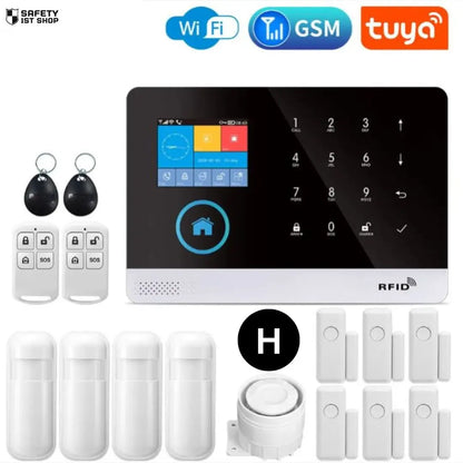 High-level smart security system with four PIR detectors and six door sensors, supported by a siren, two remote controllers, and two RFID tags – designed for full home surveillance with WiFi, GSM, and Tuya integration.