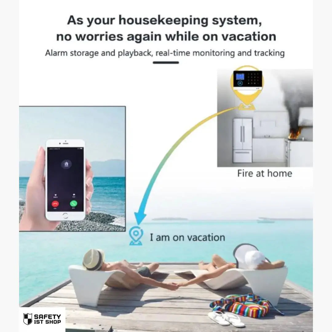 Couple on vacation at the beach, receiving real-time SMS alerts from their smart home security system – ensuring peace of mind and control, even while away.