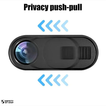 Black webcam privacy cover on white background showing push-pull mechanism for camera blocking