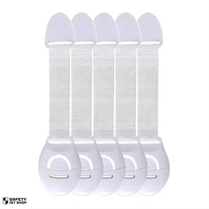 Set of 5 white baby safety locks for dresser drawers - childproofing solution for home storage