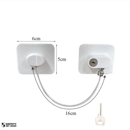alternative child safety lock in white with key, product dimensions shown on white background, secure design for drawers or windows