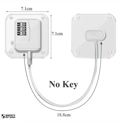 white child safety lock with combination code, product dimensions displayed on clean white background, secure and adjustable design