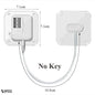 white child safety lock with combination code, product dimensions displayed on clean white background, secure and adjustable design