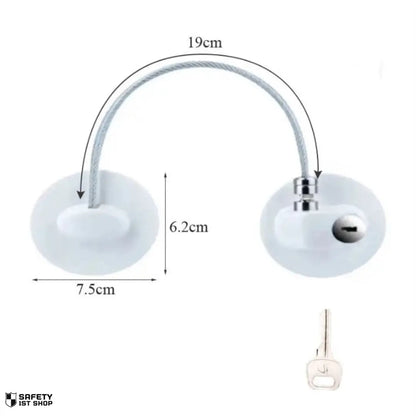 white baby safety lock with key access, alternative model design, shown with measurements on clean white background
